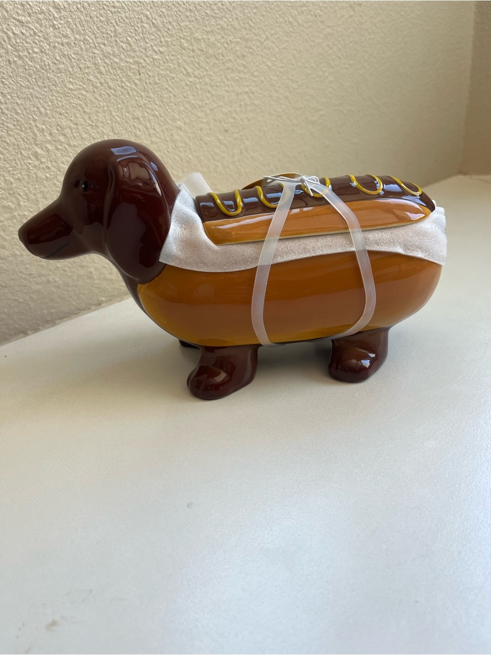Shades of Summer Dachshund Hot Dog Cookie Jar in Brown and Tan